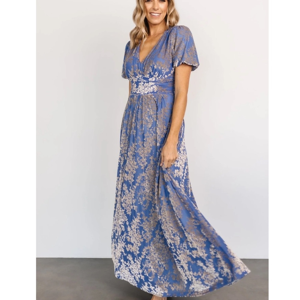 Blue and Gold Flutter Sleeve Maxi Dress